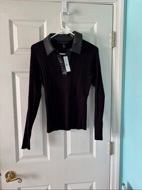 White House Black Market Black Ribbed Long-Sleeve Top with Faux Leather Collar